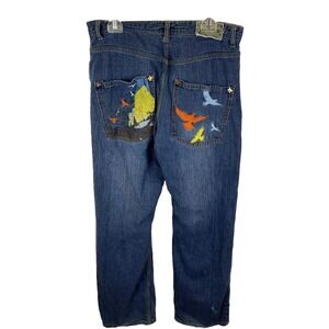 Jigga‎ Wear Jeans Men's Sz 34 Blue Green Orange Birds Embroidered Rare Vtg Y2K